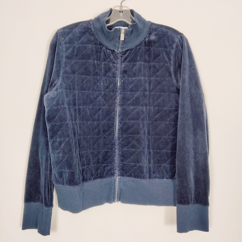 Liz & Co Women's Velvet Quilted Zip-Up Jacket Size Blue Nautical Cotton Fall XL